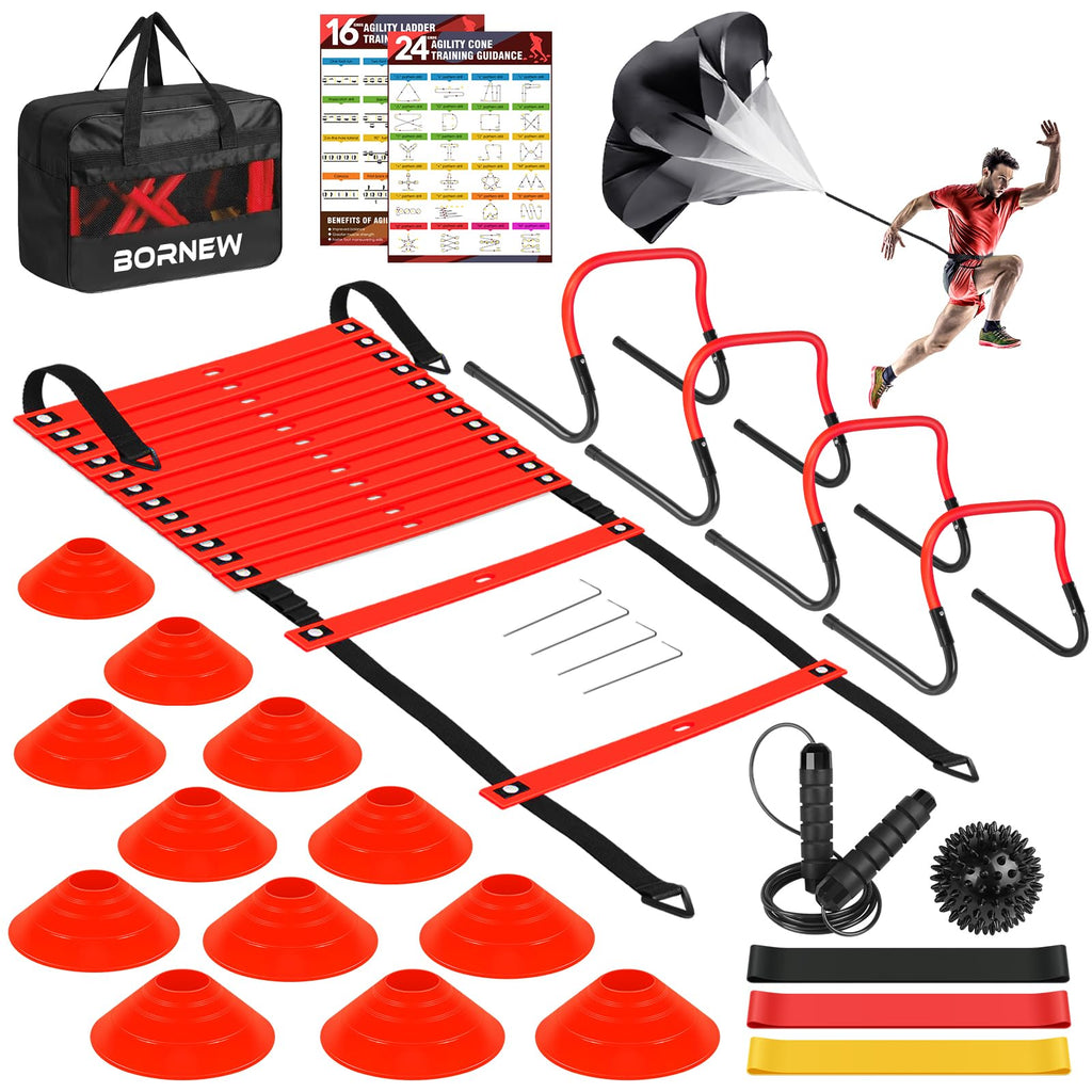 Agility Speed Training Equipment Set - 20Ft Speed Ladder, 12 Cones, 4 Adjustable Hurdles, Jump Rope, Parachute, 3 Resistance Ban