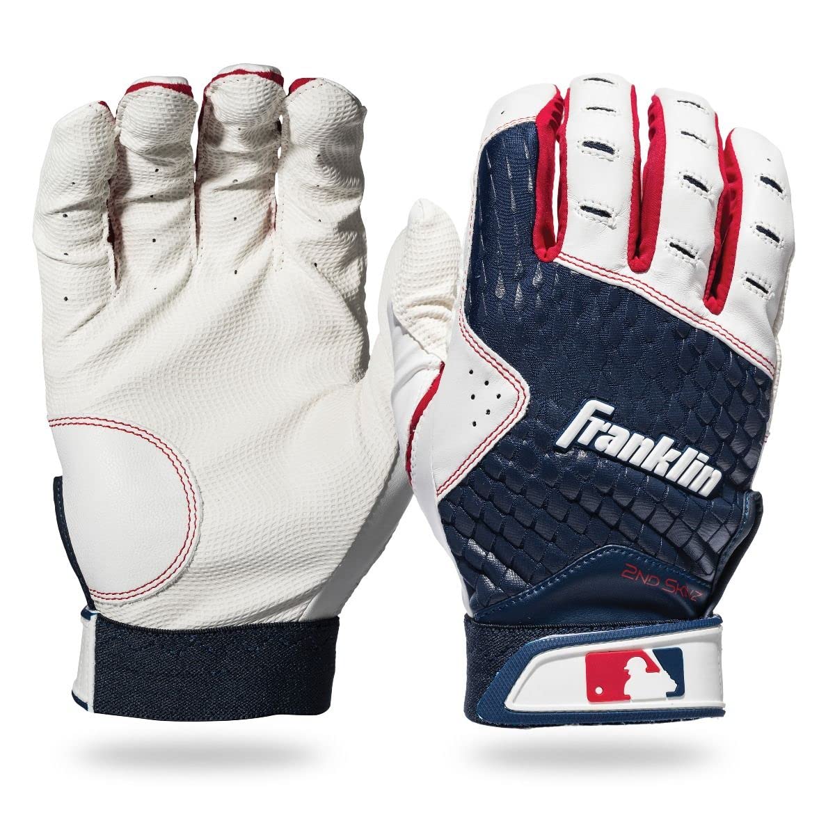 Franklin Sports Mlb Batting Gloves - 2Nd Skinz Youth Batting Gloves - Baseball + Softball Gear - Kids White/Navy Pair - Youth Me