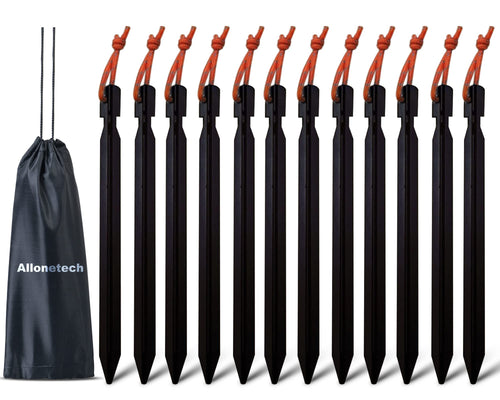 12 Pack Tent Stakes, 7075 Ground Metal Camping Aluminum Tent Pegs, Lightweight Stakes Heavy Duty Spikes Camping Accessories, Bla