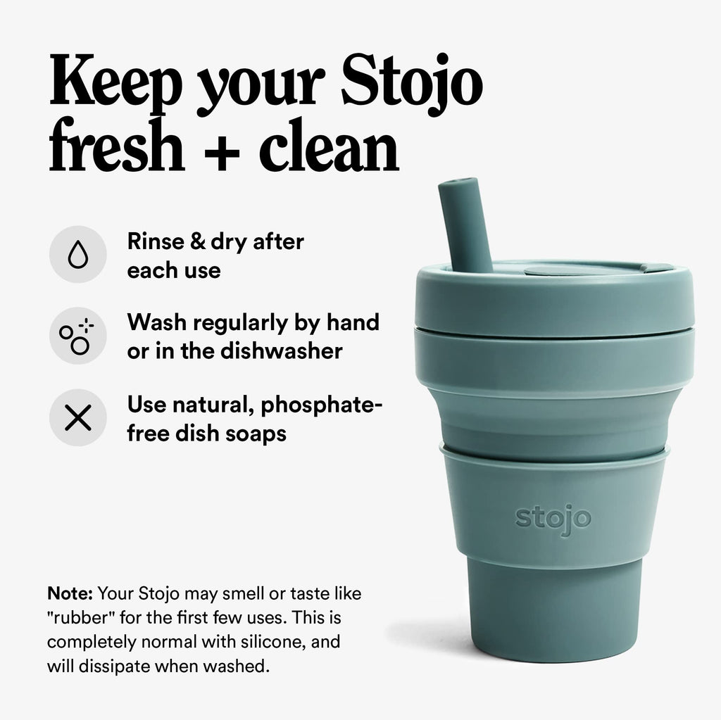 Stojo Collapsible Travel Cup With Straw- Eucalyptus, 16Oz / 470Ml - Reusable To-Go Pocket Size Silicone Cup For Hot And Cold Dri