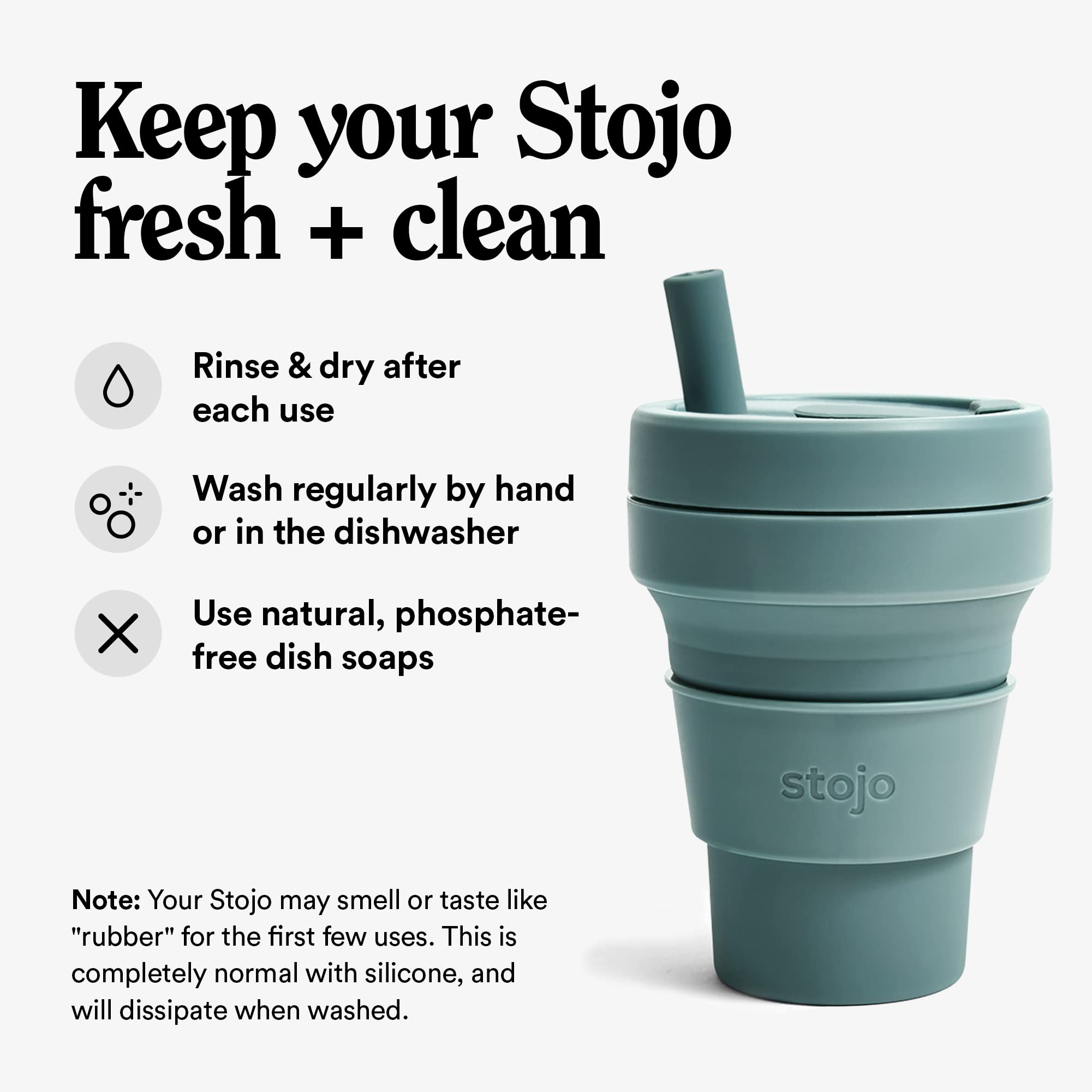 Stojo Collapsible Travel Cup With Straw- Eucalyptus, 16Oz / 470Ml - Reusable To-Go Pocket Size Silicone Cup For Hot And Cold Dri