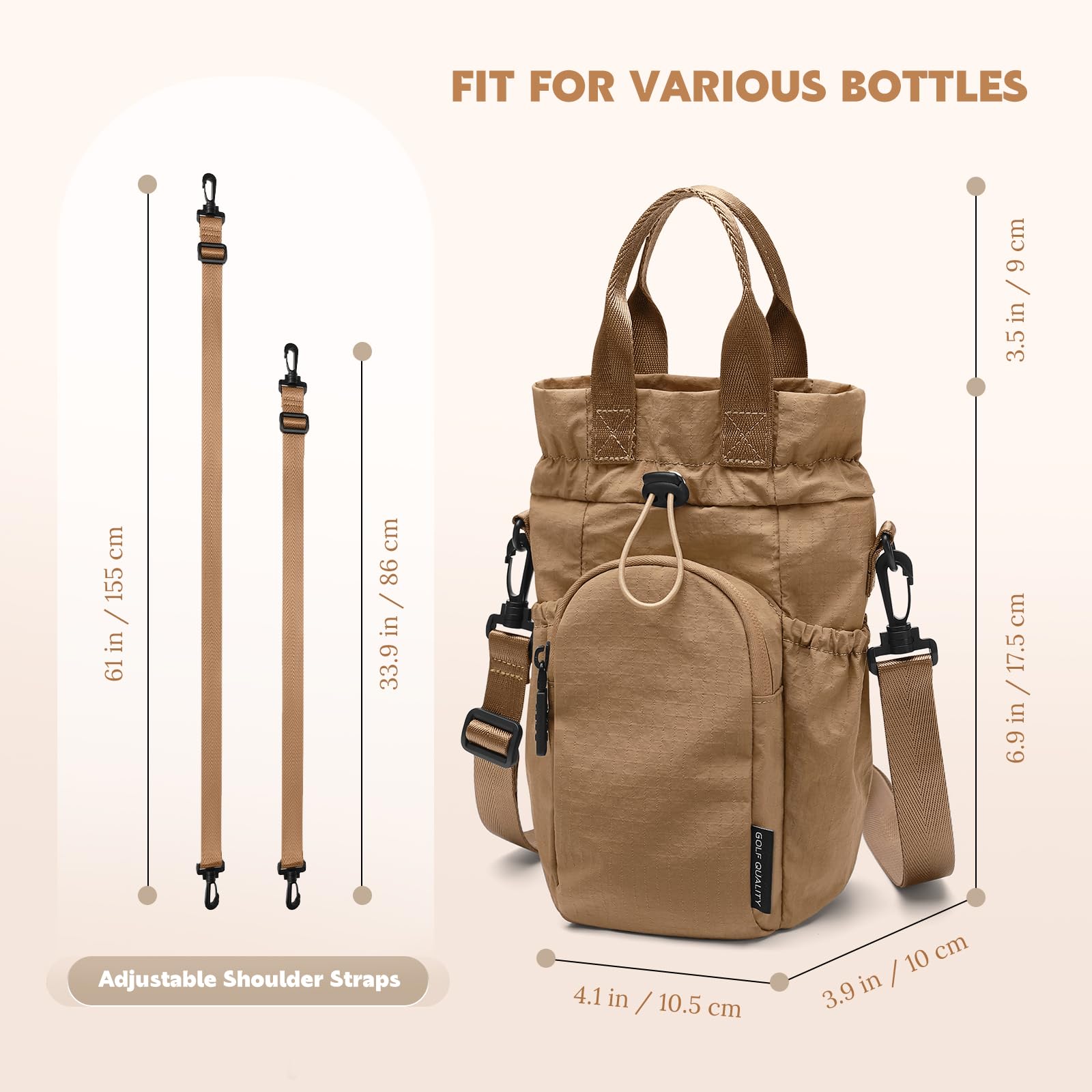 GOLF QUALITY Large Water Bottle Bag for 32/40/42//64oz Water Bottle,Casual Drawstring Crossbody Water Cup Bag,Brown