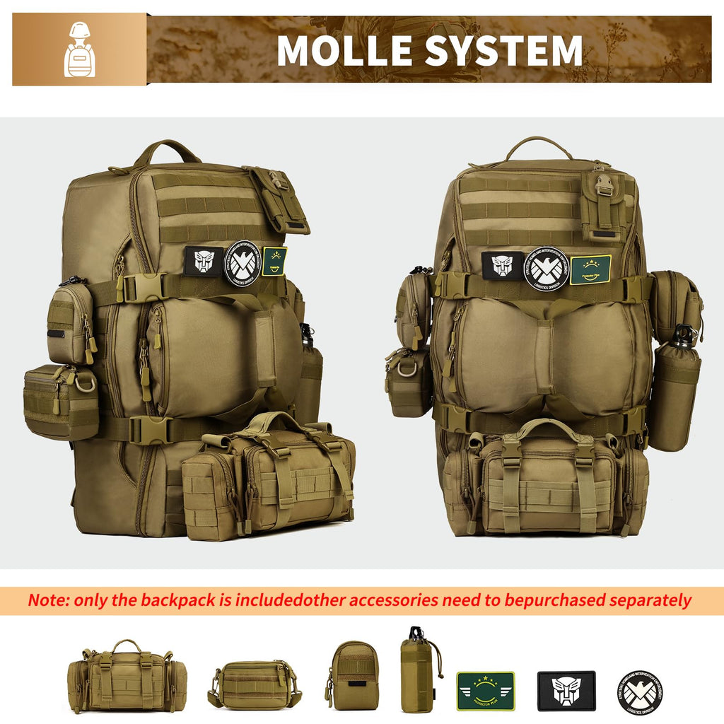 Huntvp 60L Tactical Military Backpack Gear Sport Outdoor Assault Pack Rucksack Bag For Hunting Camping Trekking Travel,Brown