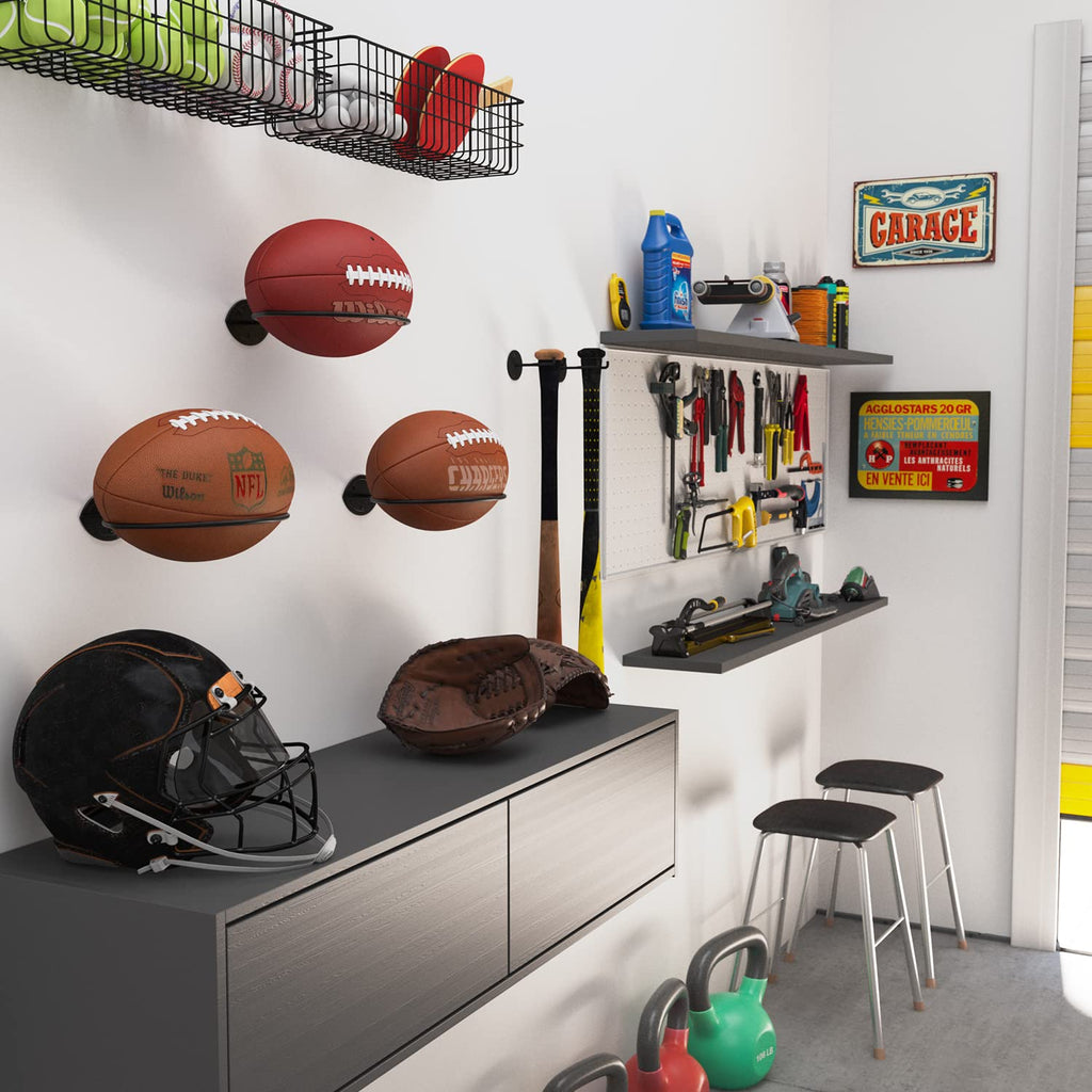 Wallniture Sporta Wall Mount Football Rack, Ball Holder Organization And Storage Rack, Sports Room Decor, Steel, Black