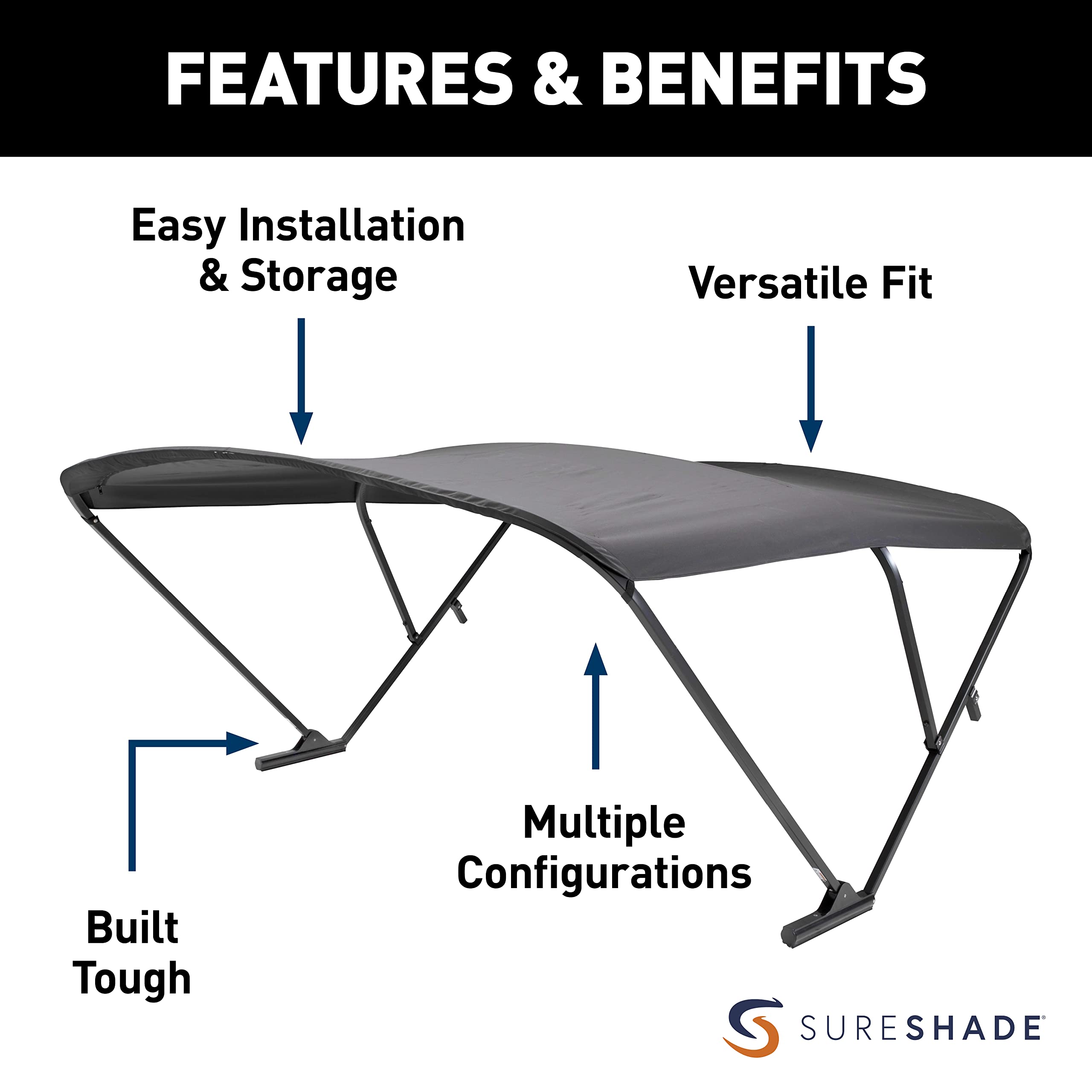 Sureshade Power Pontoon Bimini Top - Black Anodized Frame, Black Fabric