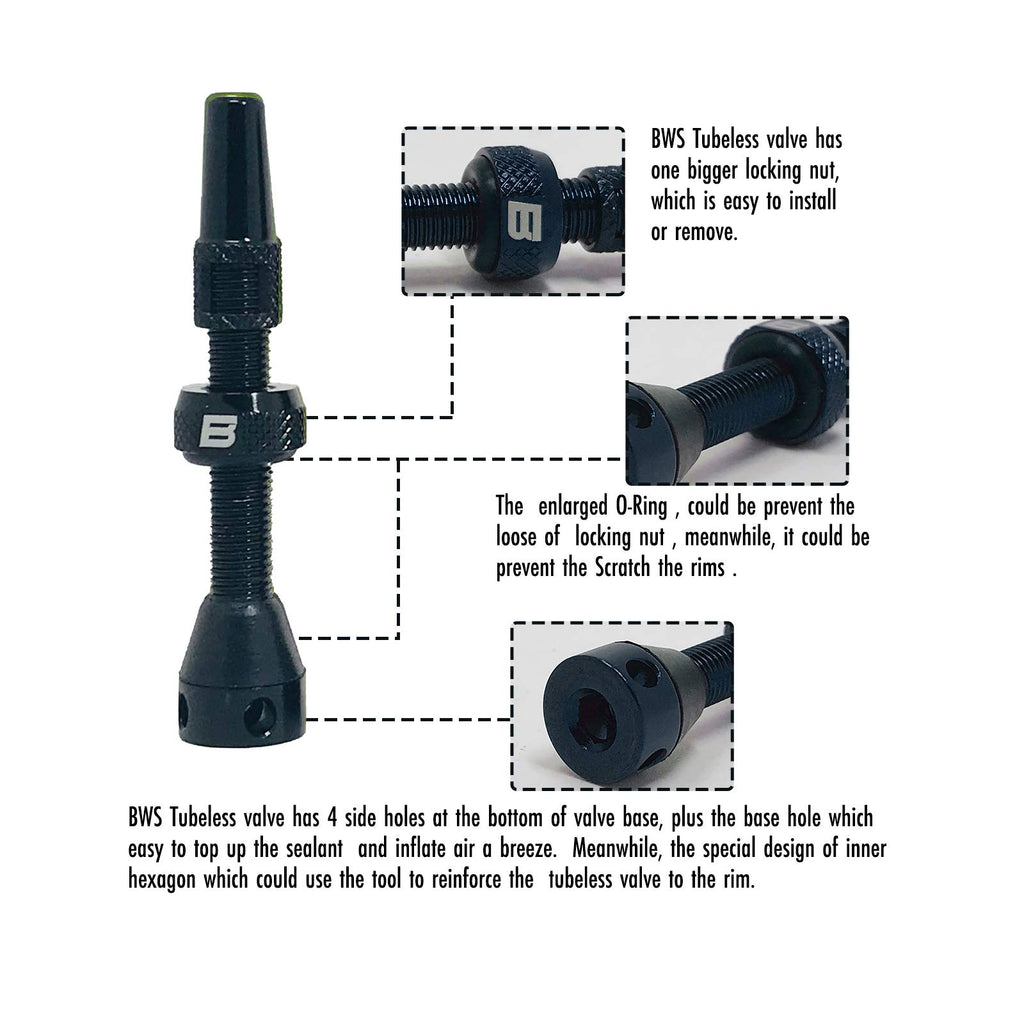 Bwshlf Black Tubeless Presta Valve Stem 40Mm  44Mm, Super Light Alloy Presta Valve Stem Kit With Valve Core Remover Tool And Val
