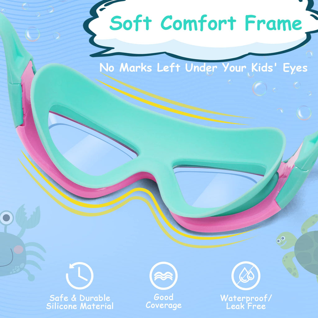 Vvinca Kids Swim Goggles, Wide View Anti-Fog Quick Adjustable Strap Swim Mask With Ear Clip Nose Clip For Children Swimming Less