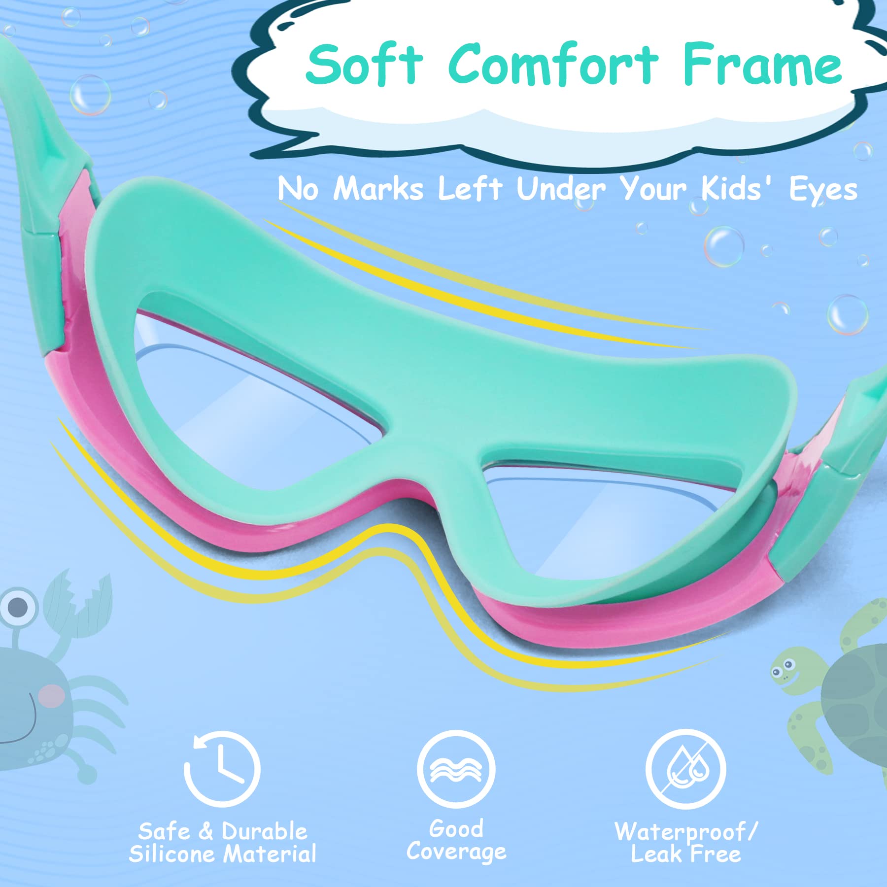 Vvinca Kids Swim Goggles, Wide View Anti-Fog Quick Adjustable Strap Swim Mask With Ear Clip Nose Clip For Children Swimming Less