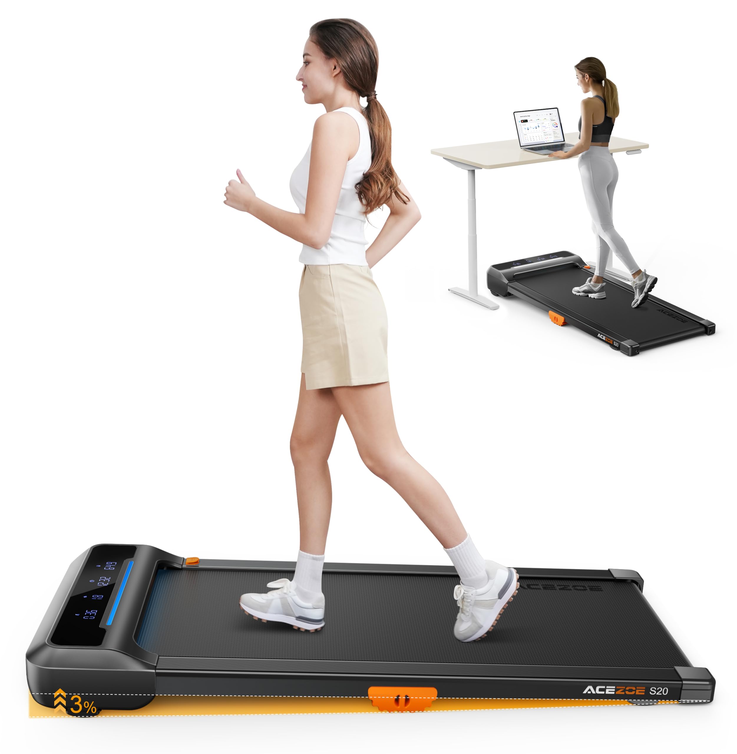 Acezoe Walking Pad Treadmill With Incline, Under Desk Treadmills For Home Office, 10% Manual Incline Portable Treadmill With Rem