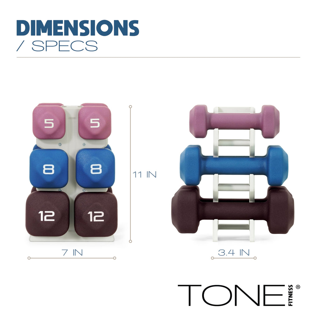 Tone Fitness 50 LB Neoprene Dumbbell Set with Storage Rack - Non-Slip, Anti-Roll Hand Weights for Home Gym Workouts - Blue