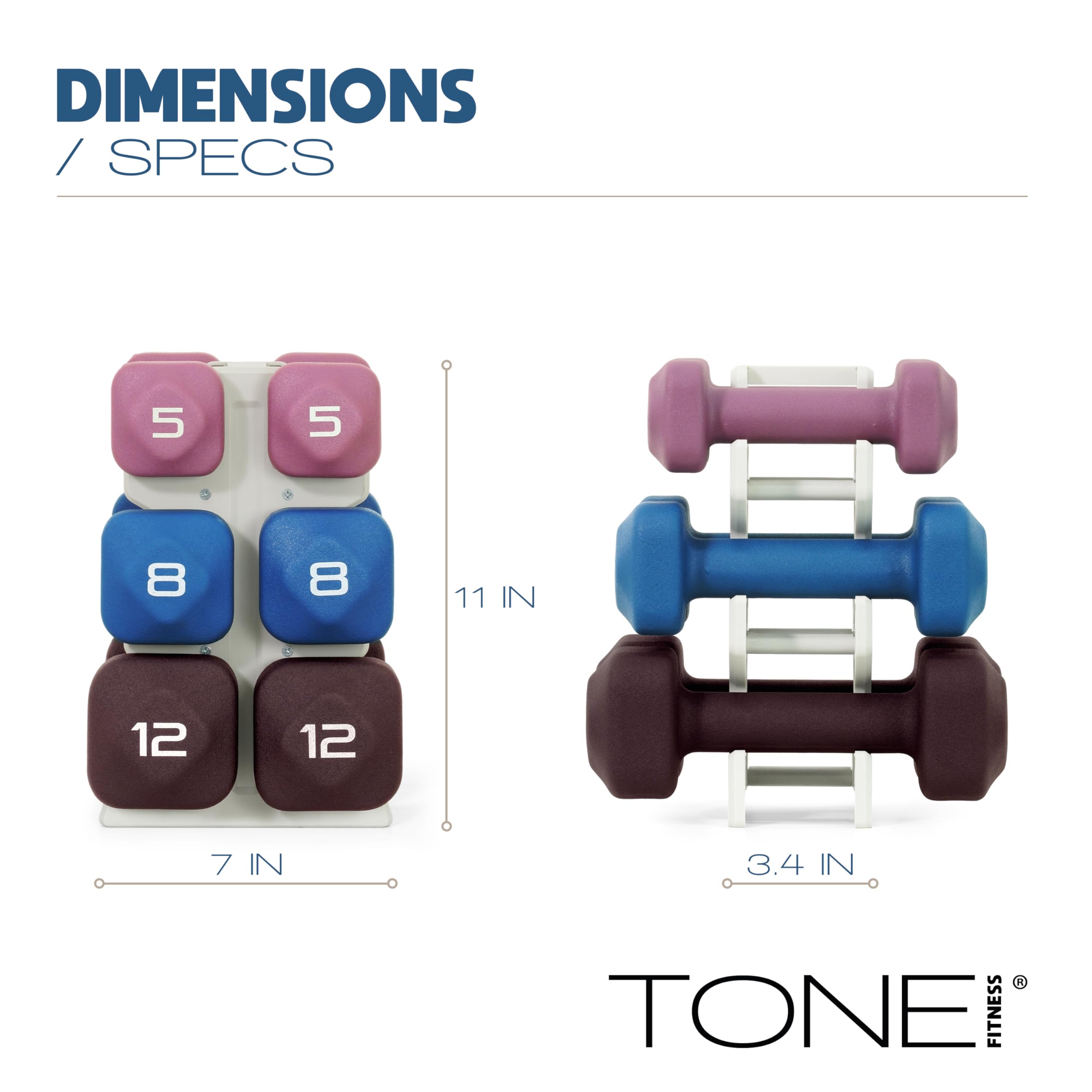 Tone Fitness 50 LB Neoprene Dumbbell Set with Storage Rack - Non-Slip, Anti-Roll Hand Weights for Home Gym Workouts - Blue