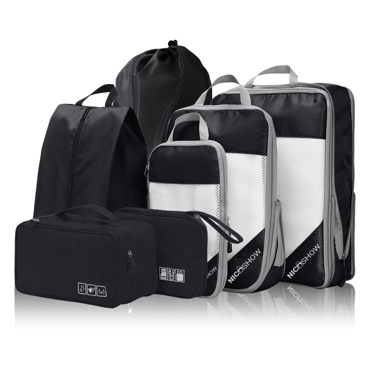 Compression Packing Cubes For Suitcases, Nicoshow 7 Set Luggage Organizers With 3 Compressible Packing Cubes, Shoe Bag, Underwea