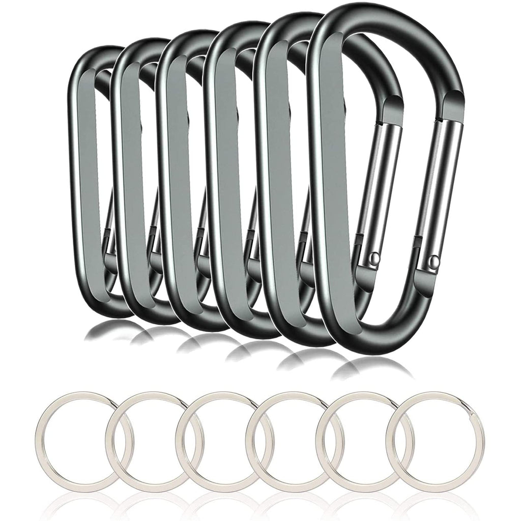 6Pcs Carabiner Caribeaner Clip,3'' Large Aluminum D Ring Shape Carabeaner With 6Pcs Keyring Keychain Hook (Grey)
