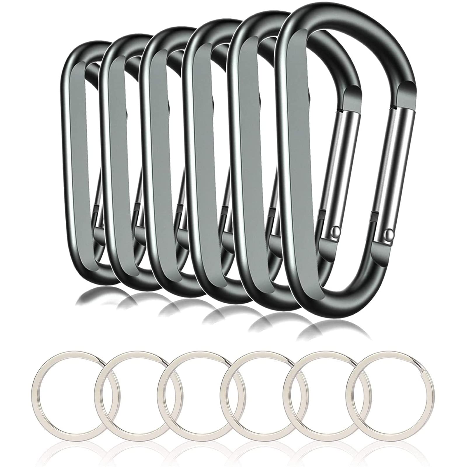 6Pcs Carabiner Caribeaner Clip,3'' Large Aluminum D Ring Shape Carabeaner With 6Pcs Keyring Keychain Hook (Grey)