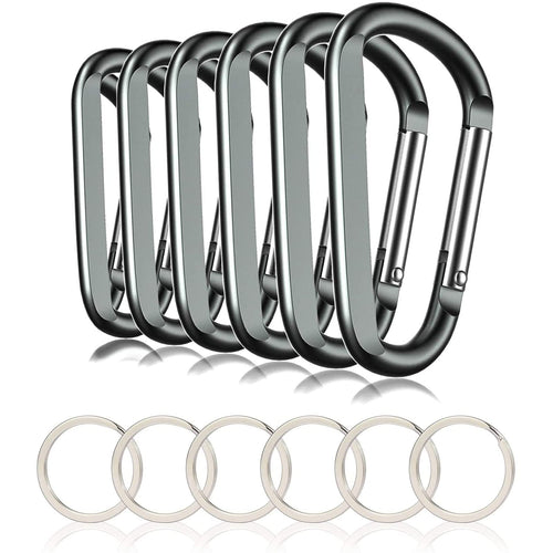 6Pcs Carabiner Caribeaner Clip,3'' Large Aluminum D Ring Shape Carabeaner With 6Pcs Keyring Keychain Hook (Grey)