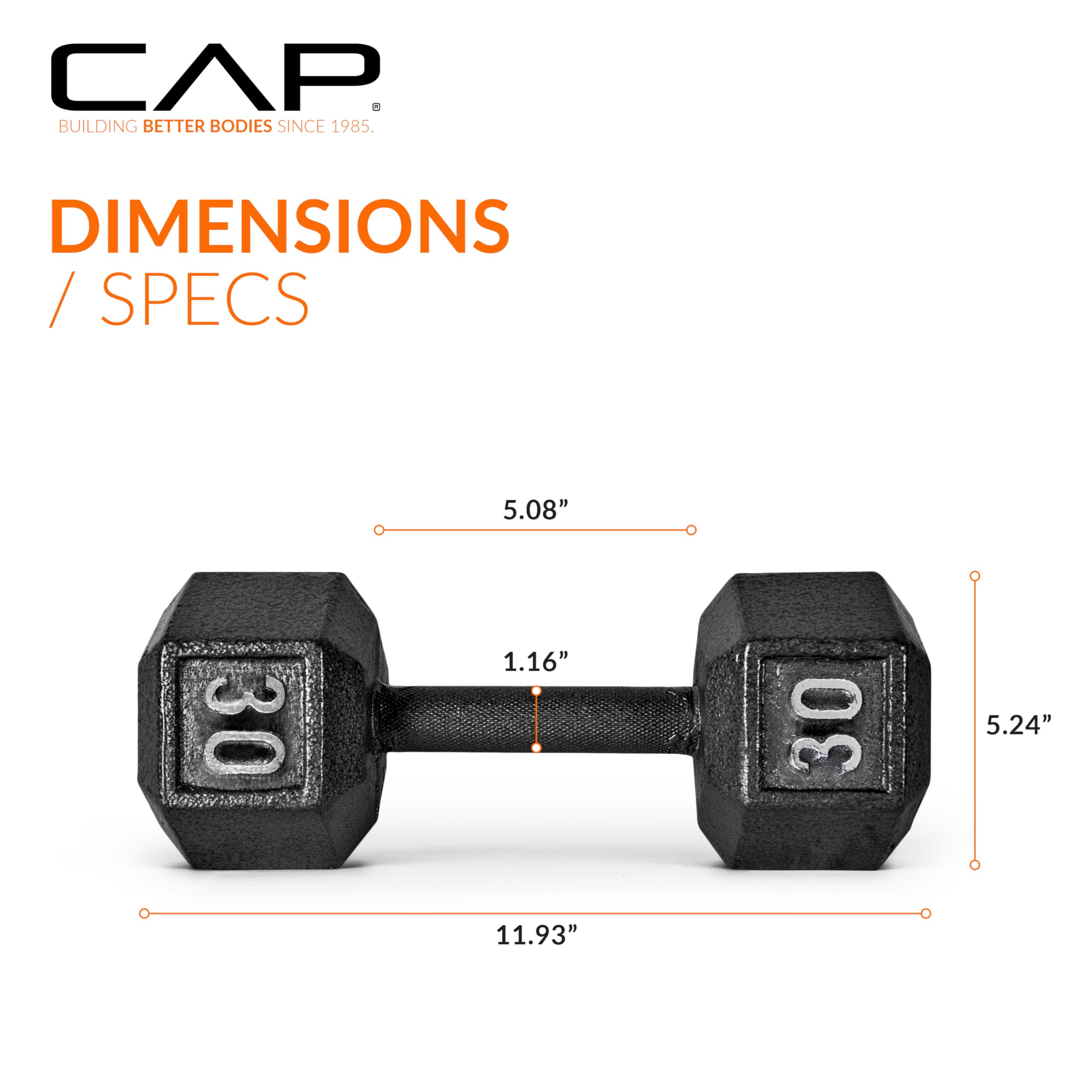 CAP Barbell 30 LB Cast Iron Hex Dumbbell Hand Weight - Pair | Black