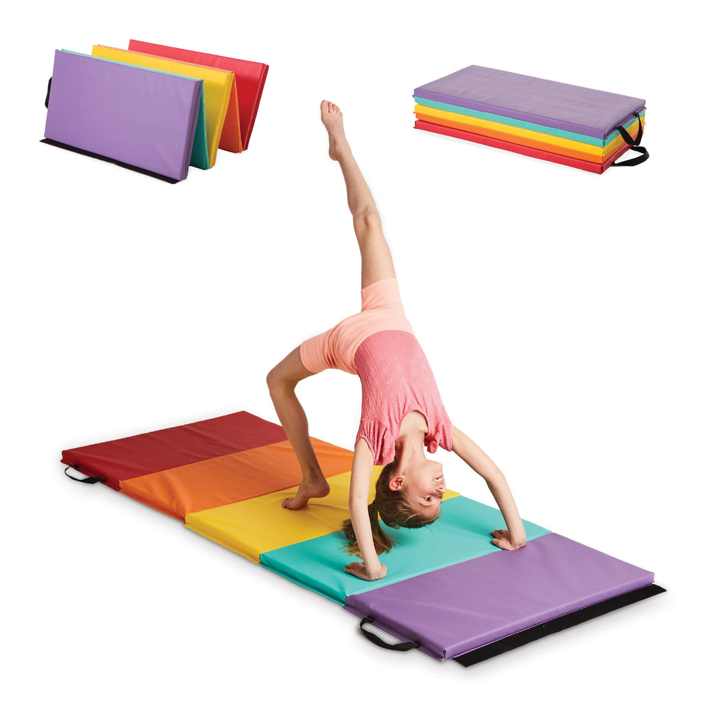 Hearthsong 5-Panel Colorful Rainbow Folding Kids Gymnastics Tumbling Mat For Active Play, With Carrying Handles, 77 Inches Long 