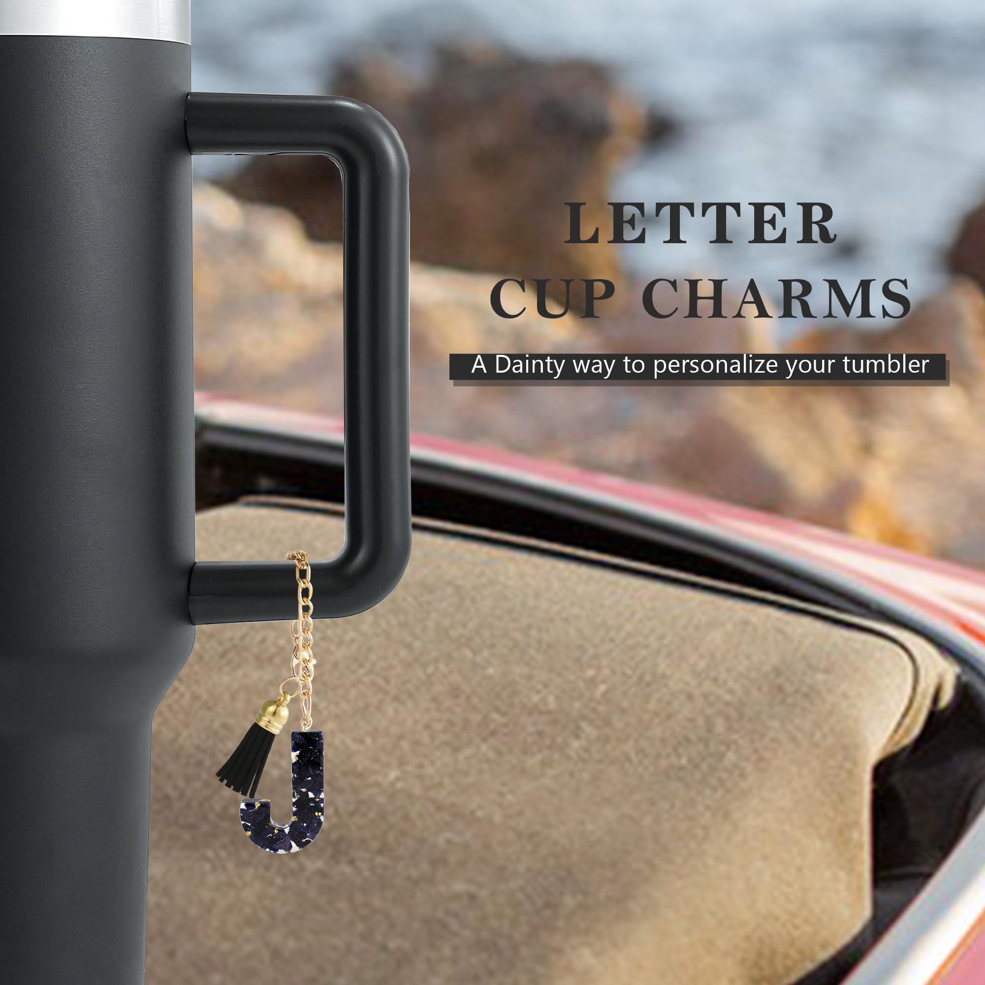 Letter Charm Accessories for Stanley Cup 1 PCS Cute Initial Keychain Handle Charm for Stanley Tumbler for Women Black Letter J