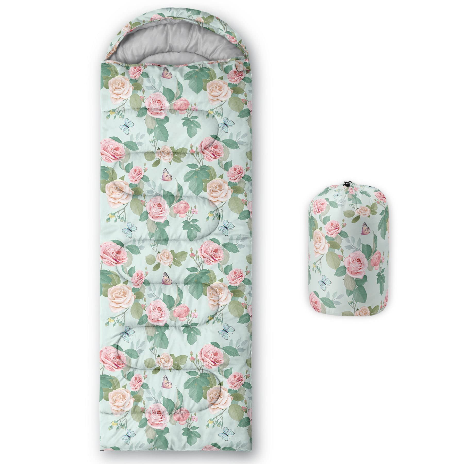 Datura home Kids Sleeping Bag for Boys,Watercolor Floral Lightcolor Rose-Lightweight Warm Outdoor Indoor-Waterproof Cold Weather