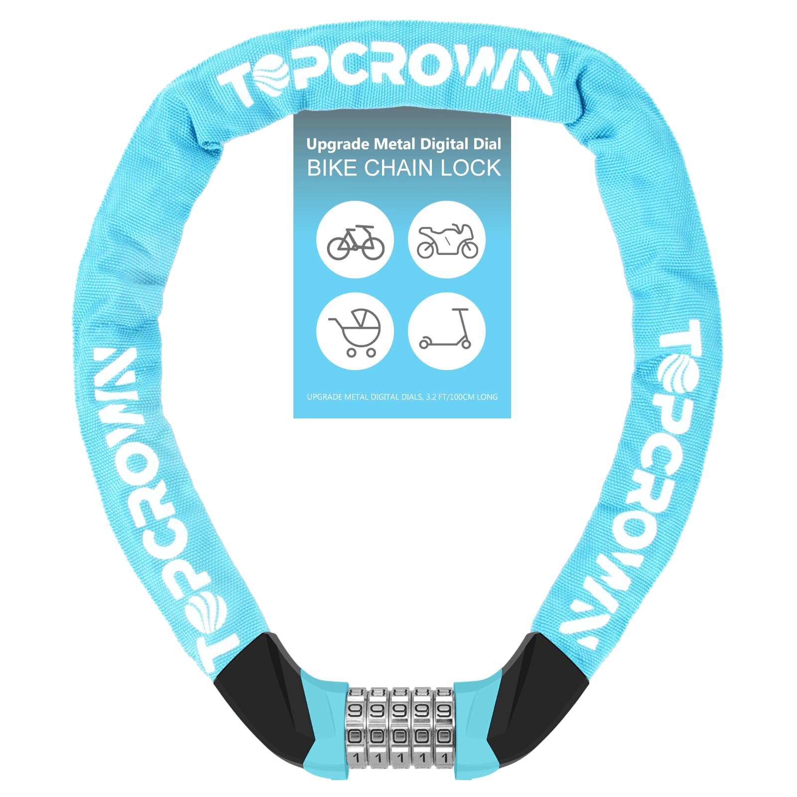 Topcrown Bike Chain Lock Upgrade Metal Digital Dials 3.2Ft Long High Security Heavy Duty Anti Theft, 5 Digit Combination Keyless