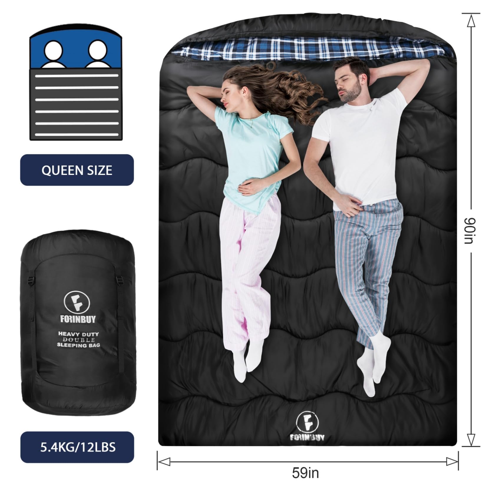 Forinbuy Winter Cotton Flannel Double Sleeping Bag,Queen Size Sleeping Bag For Adults, Cold Weather Waterproof 2 Person Sleeping