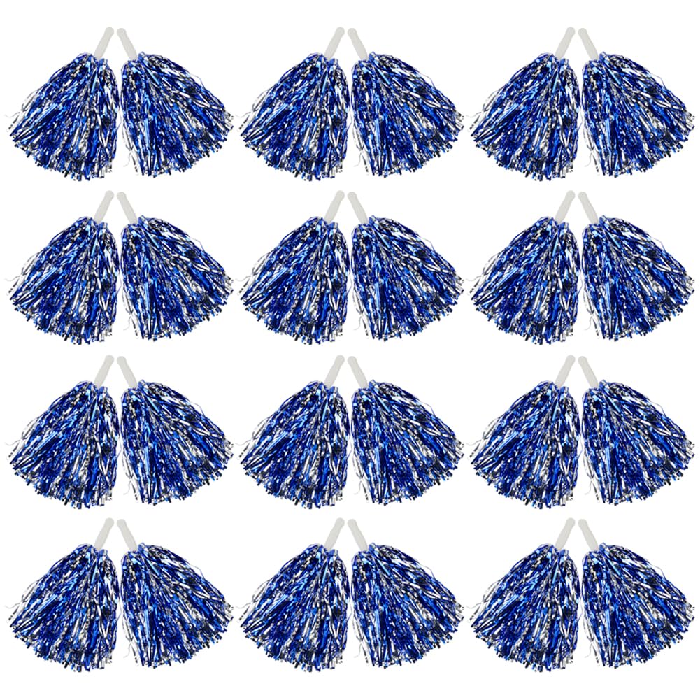 Hooshing 12Pcs Pom Poms Cheerleading Blue And Silver Metallic Foil Cheer Pom Poms With Plastic Handles For Rooters Cheering Squa