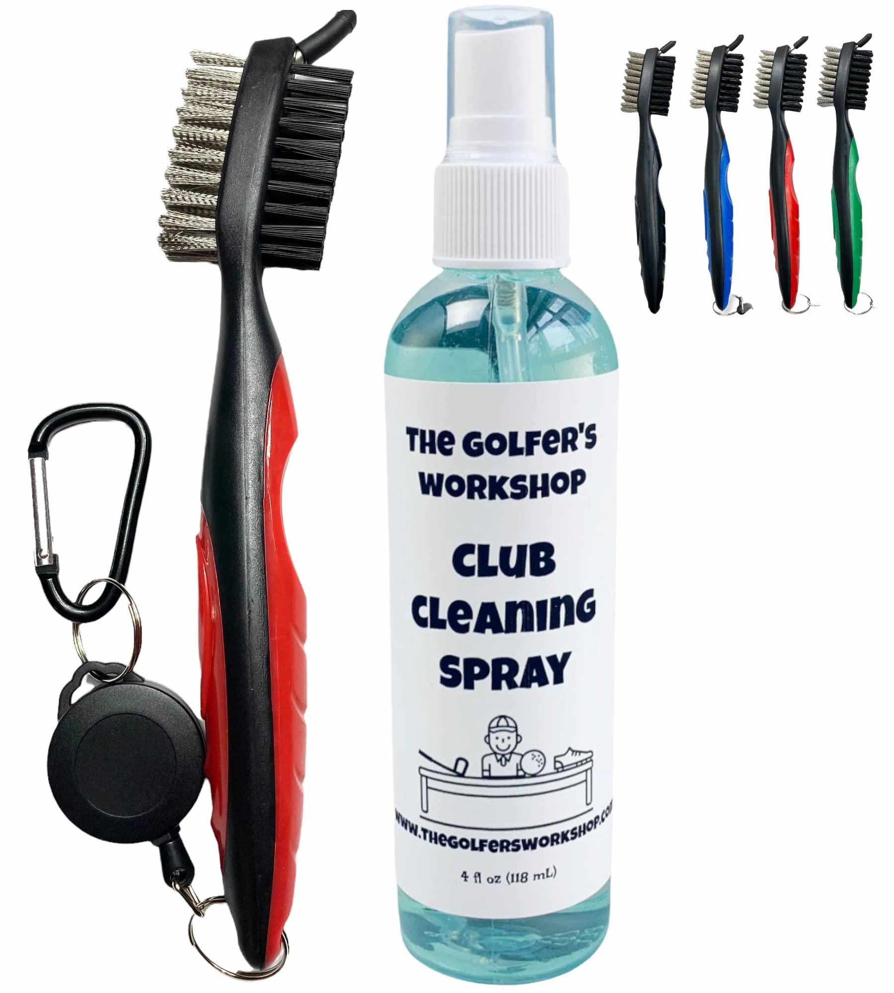 The Golfers Workshop 4Oz Club Cleaning Spray And Golf Club Brush With Groove Cleaner, 2Ft Retractable Zip-Line, Carabiner Clip (