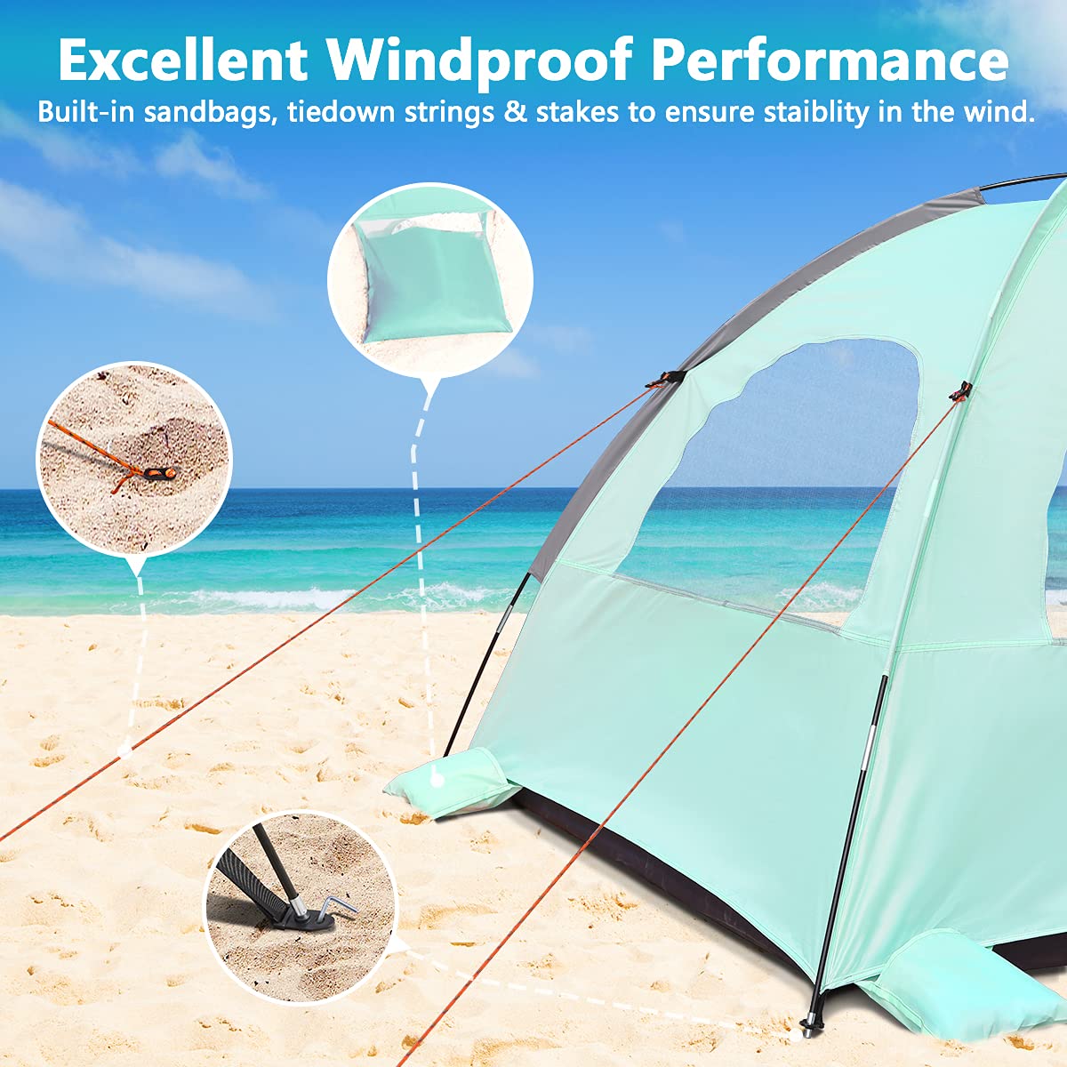 Nxone Beach Tent Sun Shade Shelter For 2-3 Person With Uv Protection, Extended Floor, 3 Mesh Roll Up Windows & 8.0Mm Fiberglass