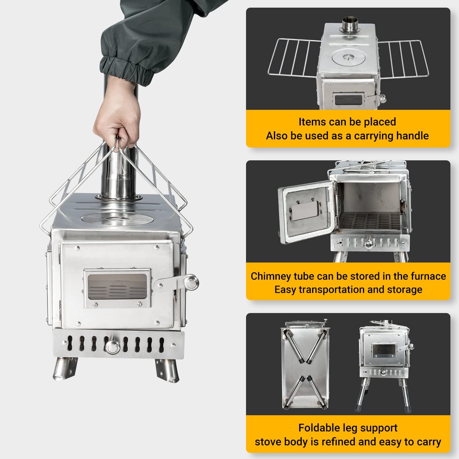 Womeyork Outdoor Camping Stove, Portable Wood Burning Stove With Chimney Pipe For Tent, Shelter, Heating And Cooking