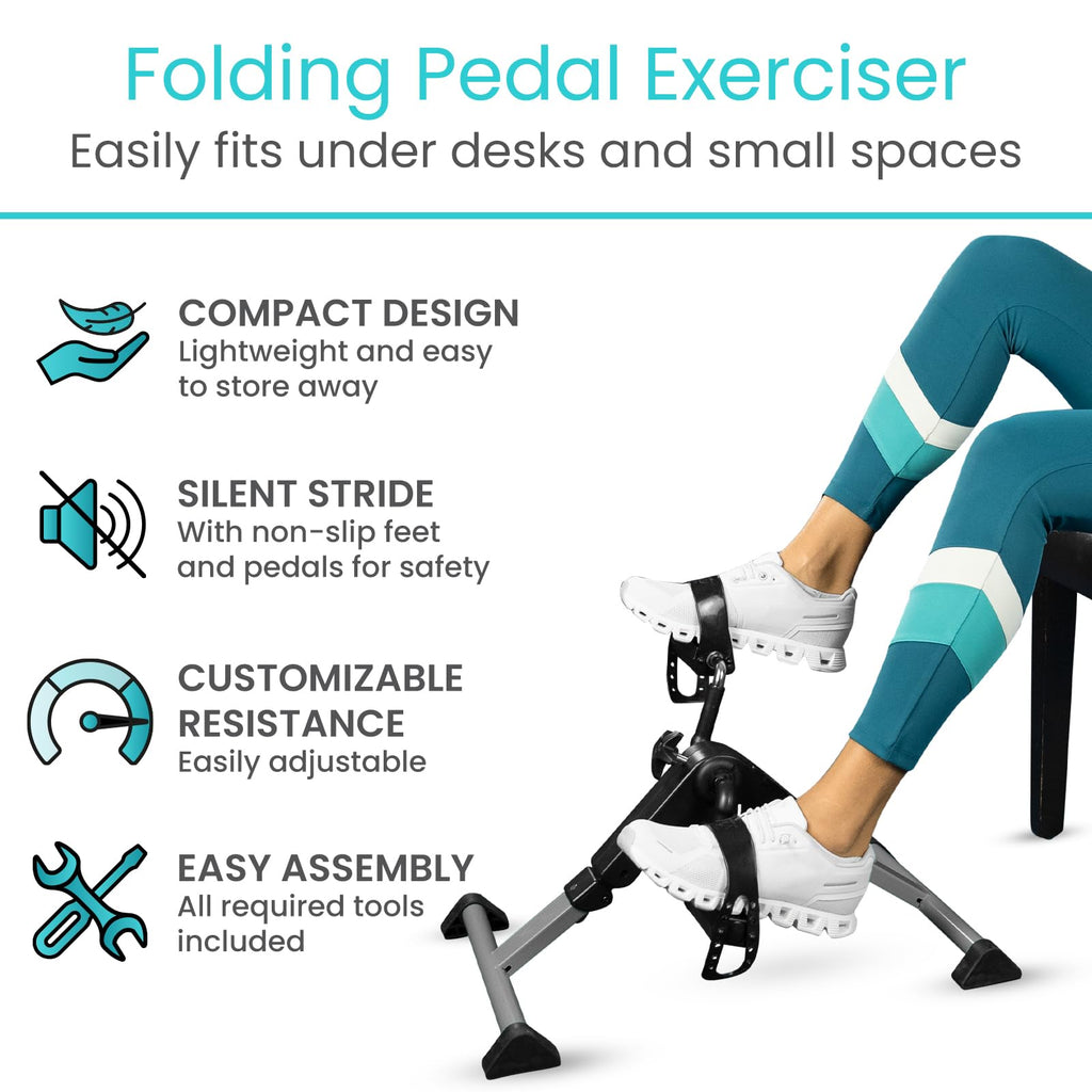Vive Folding Pedal Exerciser - Under Desk Exercise Bike For Seniors, Elderly - Sit Down Stationary Peddler Equipment For Arm, Le