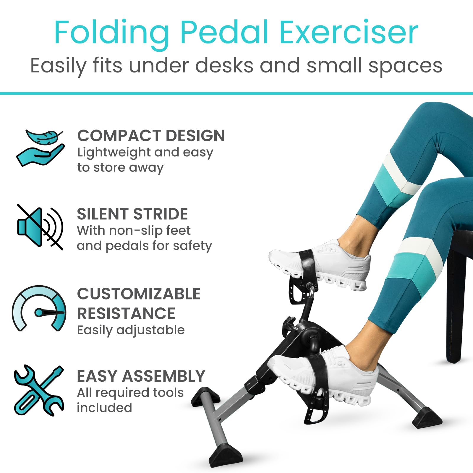 Vive Folding Pedal Exerciser - Under Desk Exercise Bike For Seniors, Elderly - Sit Down Stationary Peddler Equipment For Arm, Le