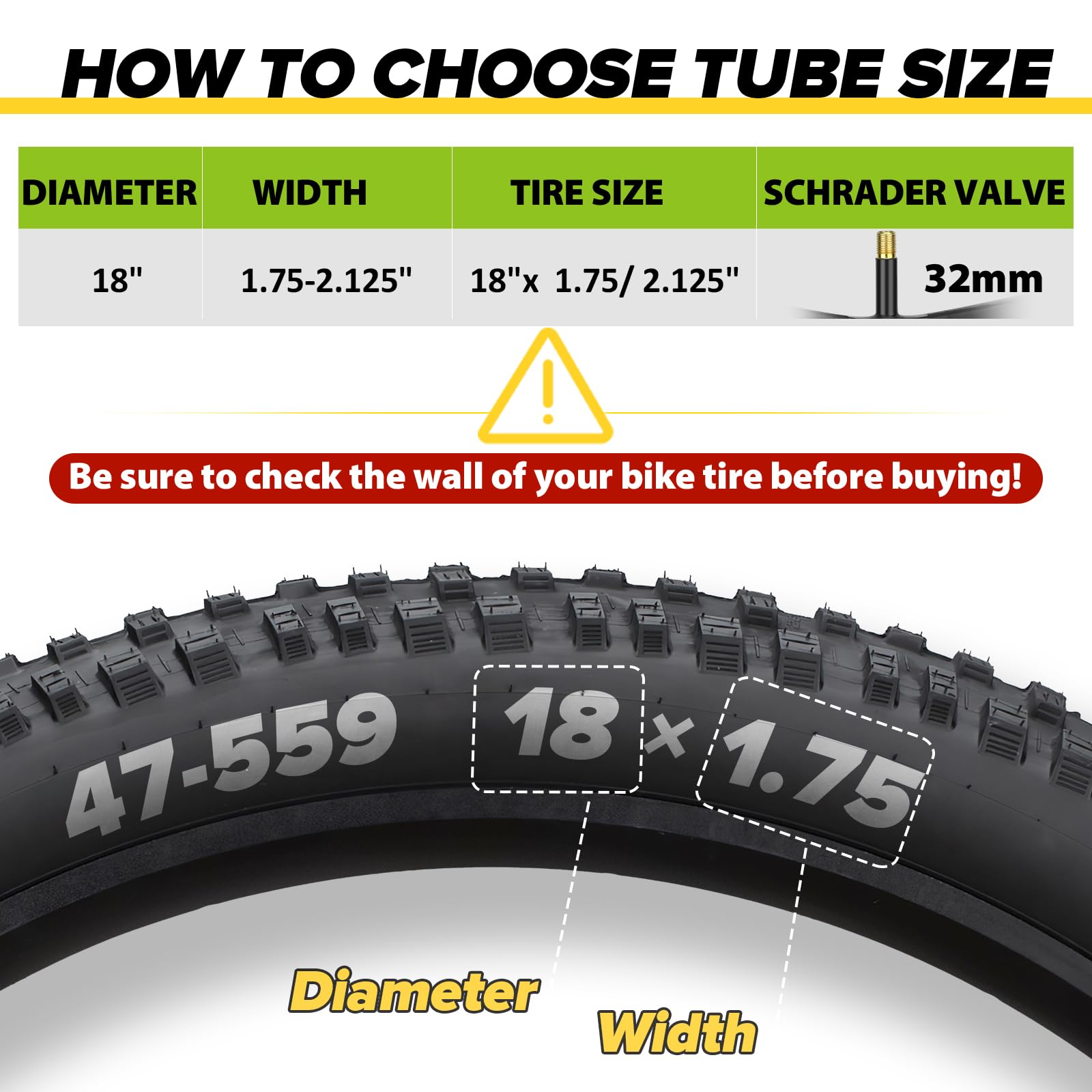 Hydencamm 2 Pack 18 Inch Bike Tube Fit 1.75/1.95/2.125 with 32mm Schrader Valve, 18x1.95 Bicycle Tube with 2PCS Levers, 18x2.125