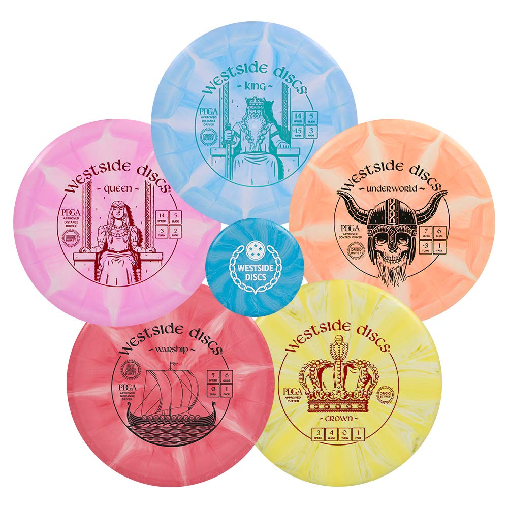 Westside Discs 5 Disc Origio Burst Disc Golf Starter Set  Beginners Frisbee Golf Set  Set Includes Disc Golf Putter, Midrange, F