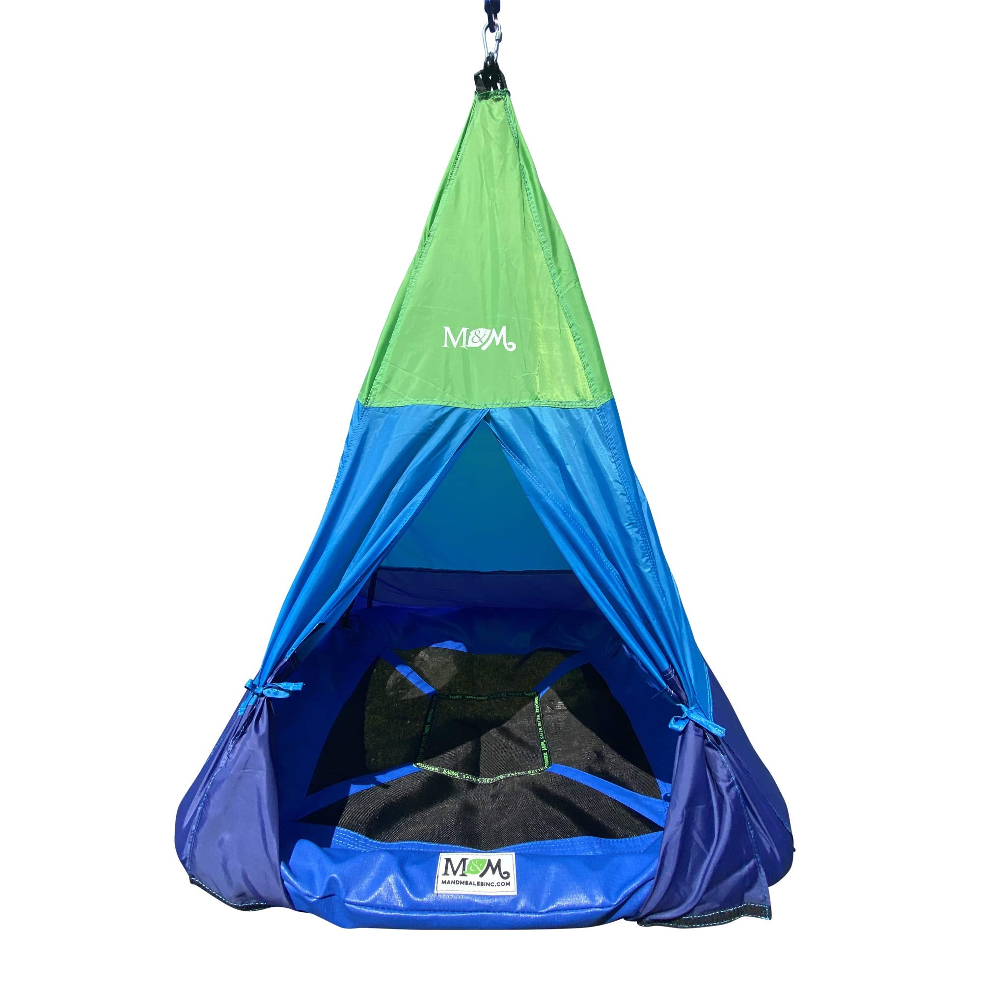 M & M Sales Enterprises Outdoor Teepee Tent Swing, 39in Textilene Platform, Colorful Detachable Tent, Hanging Tree Fort, 250 Lbs