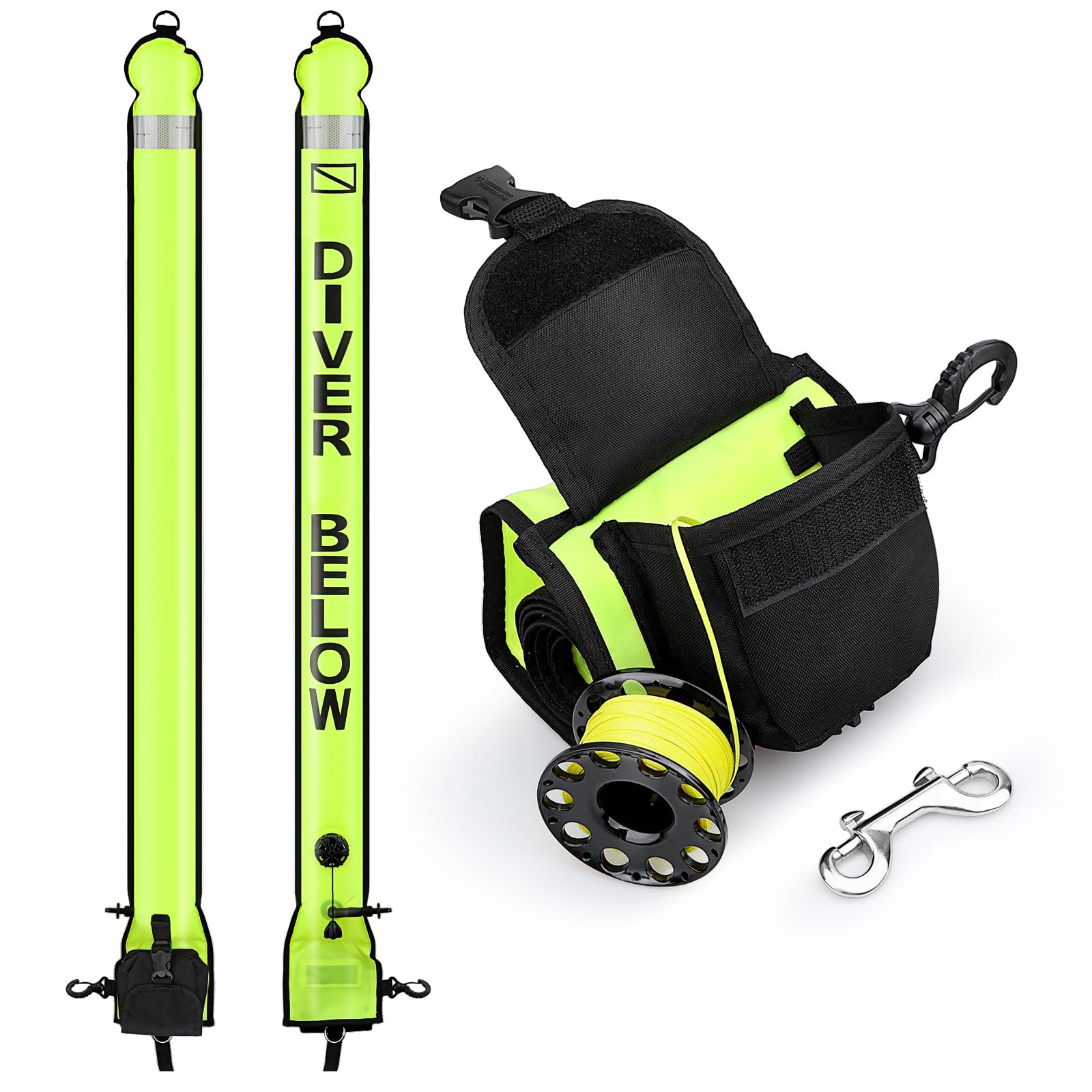 Surface Marker Buoy Scuba with Reel, 5ft High Visibility Diving Open Bottom Signal Tube Safety Sausage with Pouch Bag, 100ft ABS