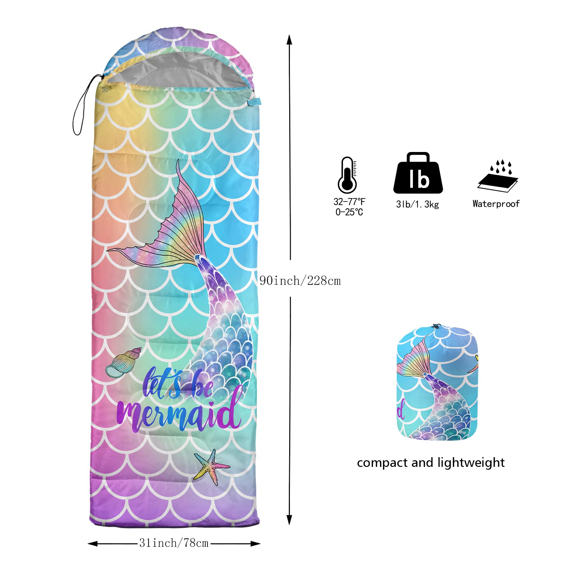 Qoomo Mermaid Printed Camping Sleeping Bags,3 Season Warm & Cool Weather,Lightweight,Waterproof Sleeping Bags For Adults & Kids,
