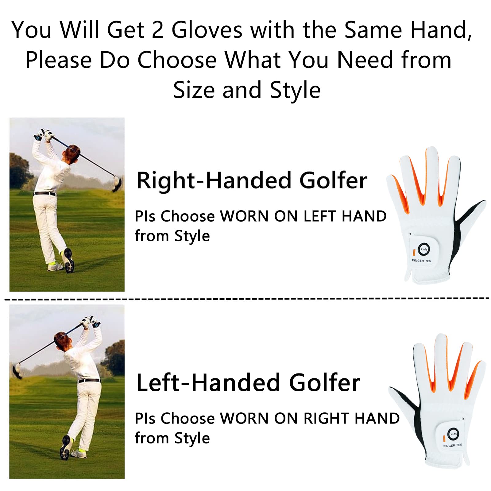 Finger Ten Junior Kids Dura Feel White Blue Red Yellow Golf Gloves Extra Value 2 Pack (Large White, Left)