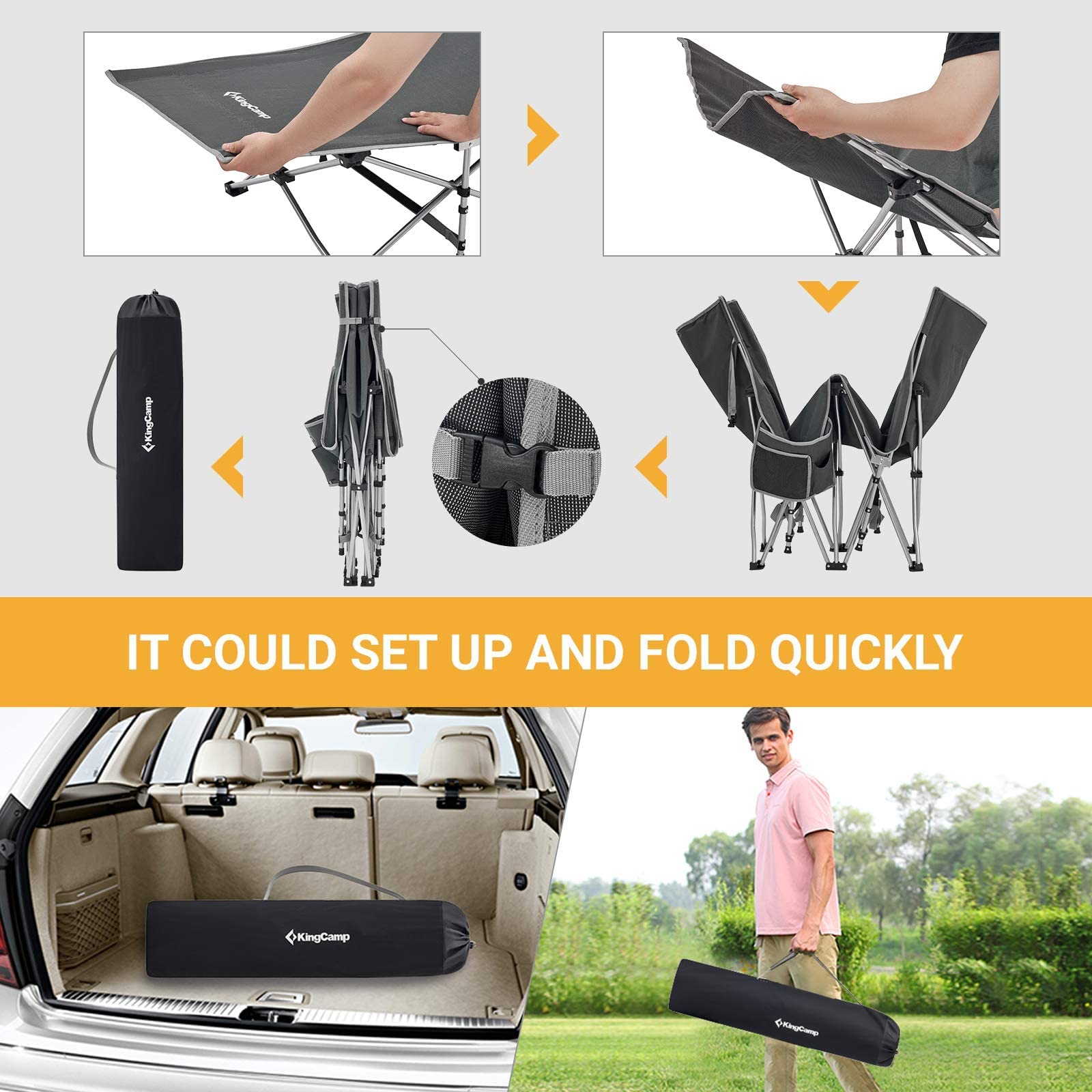 Kingcamp Folding Camping Cot Lightweight Sleeping Cot Portable With Carry Bag Double Layer 1000D Sturdy Cot Heavy Duty Camping B