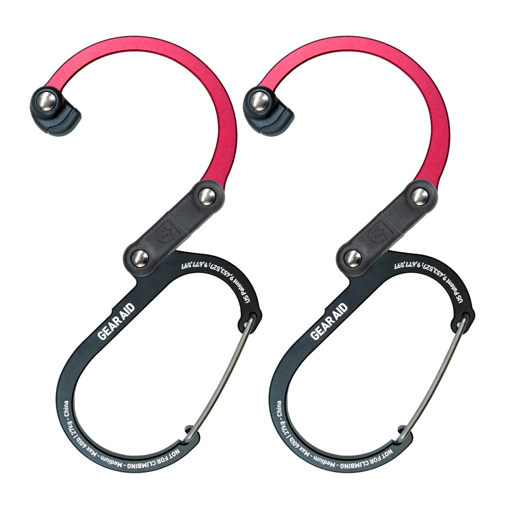 Gear Aid Heroclip Carabiner Gear Clip And Hook (Medium) For Camping, Backpack, And Garage Organization, Black And Red, 2 Pack