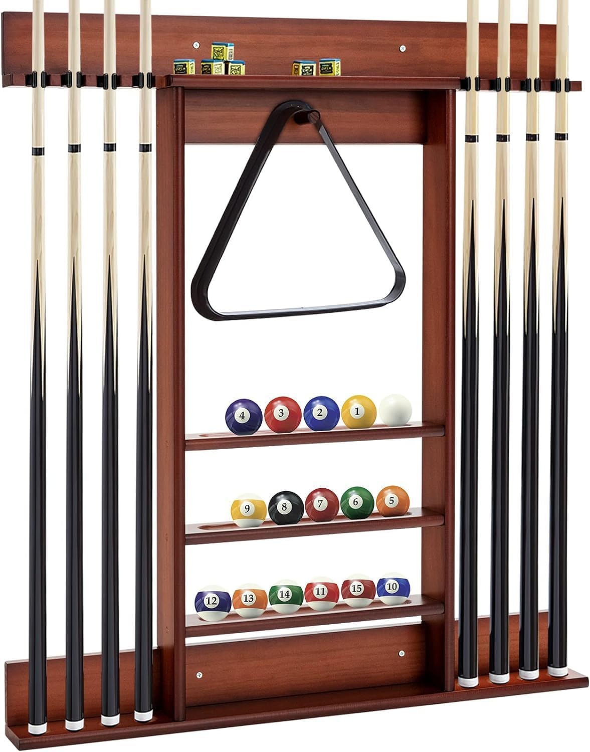 LDAILY Pool Cue Rack Only, Wooden Pool Cue Holder, Holds 8 Cues, 16 Billiard Balls & Ball Rack, Pool Stick Holder Wall Mount for