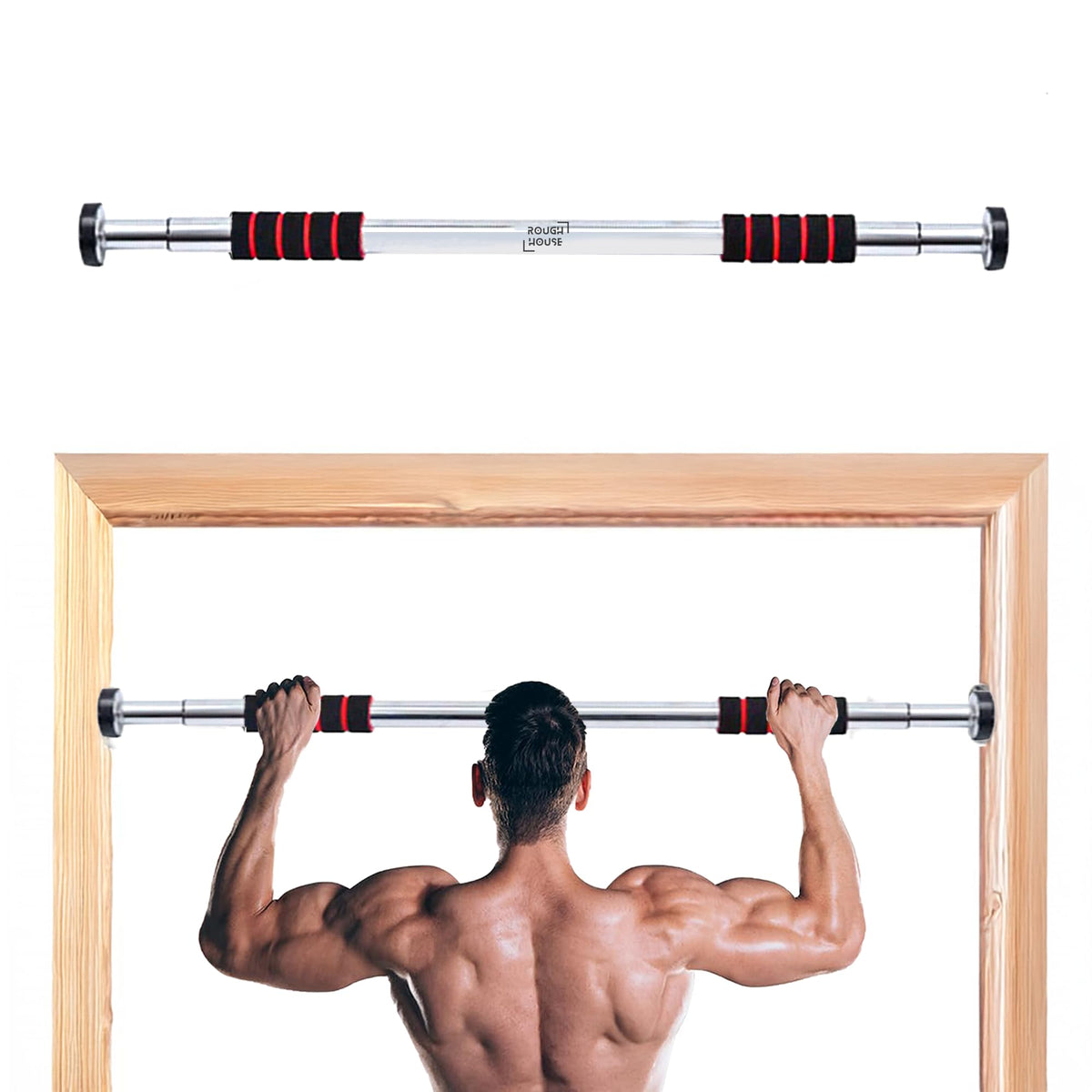 Roughhouse Pull Up Bar For Home Workout | No Screw Doorway Chin Up Bar | 100 Kg Capacity | Adjustable 6282 Cm | Height Increase