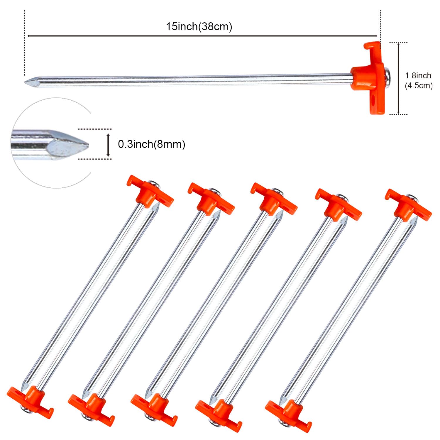 Abccanopy 15 Inch Tent Stakes 10 Pcs Non-Rust Metal Ground Anchors, Heavy Duty Spikes With 4 Ropes For Outdoor Camping, Orange