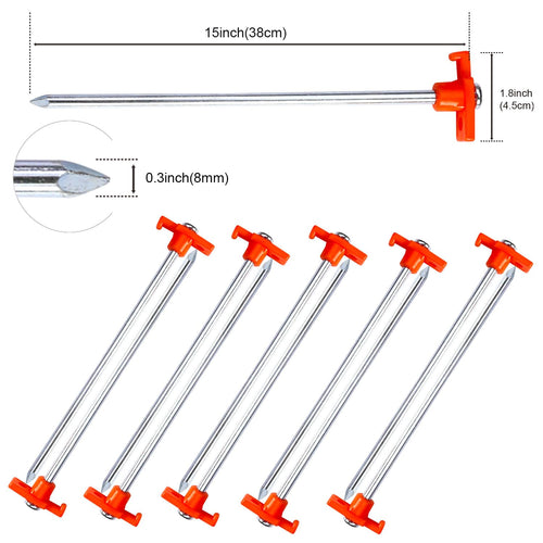 Abccanopy 15 Inch Tent Stakes 10 Pcs Non-Rust Metal Ground Anchors, Heavy Duty Spikes With 4 Ropes For Outdoor Camping, Orange