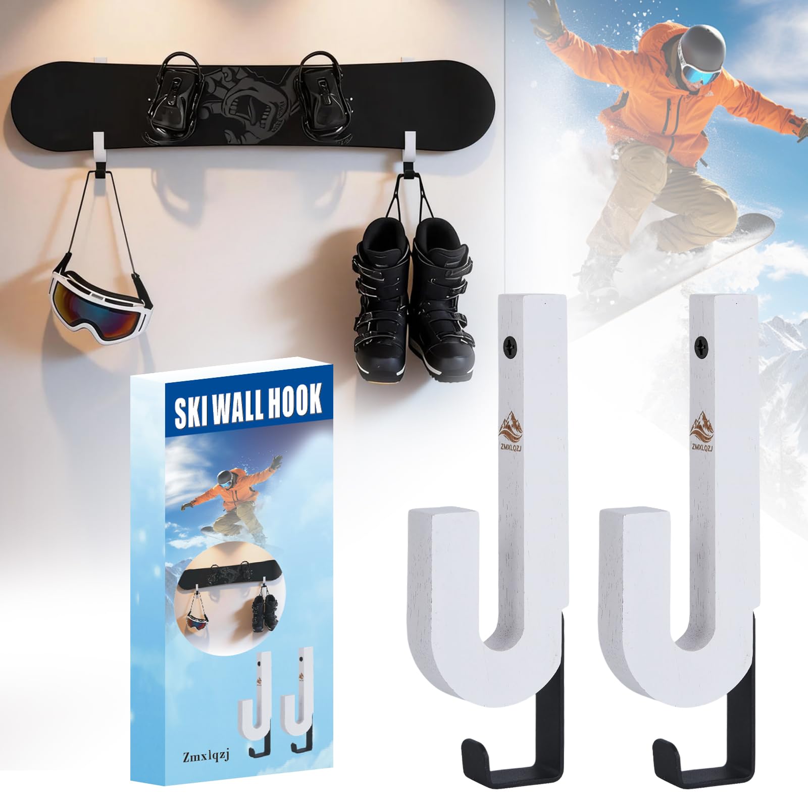 zmxlqzj 2-in-1 Snowboard Wall Mount & Ski Rack with Hooks, Skateboard Storage and Gear Hanger, Wood and Metal Snowboard Holder, 