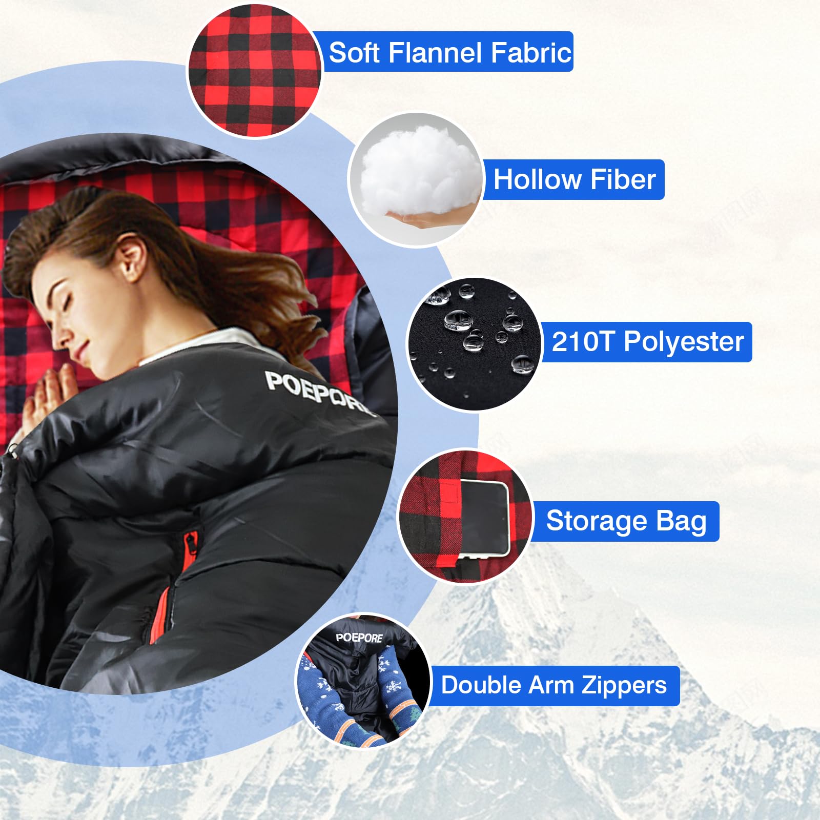 Poepore Flannel Sleeping Bag Cotton 0 Degree Cold Weather For Adults Xxl Wearable Sleeping Bag 4 Seasons Waterproof With Compres