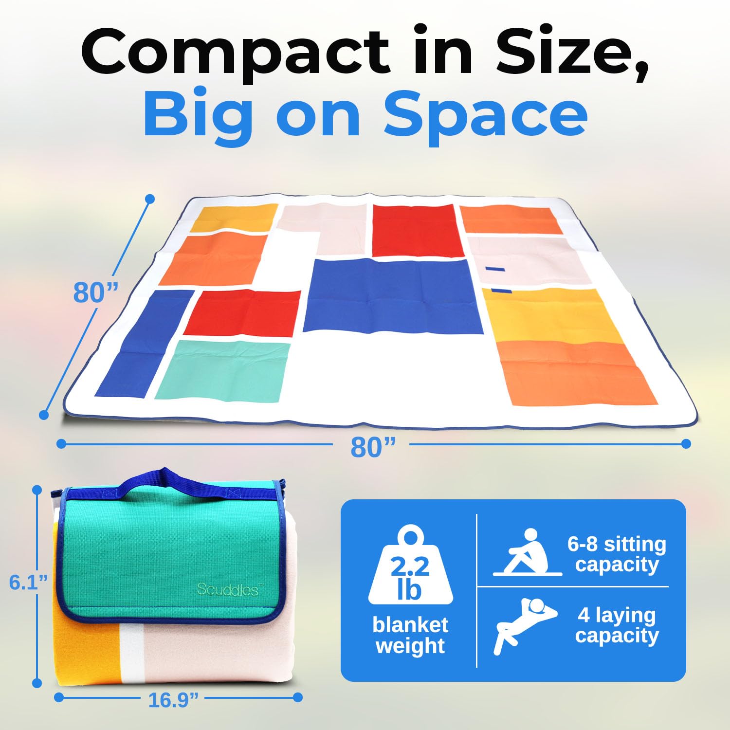 Scuddles Extra Large Picnic Blanket - 79 X 59 Waterproof Outdoor Mat With 3-Layer Comfort Design, Easy Fold & Carry Strap For Be