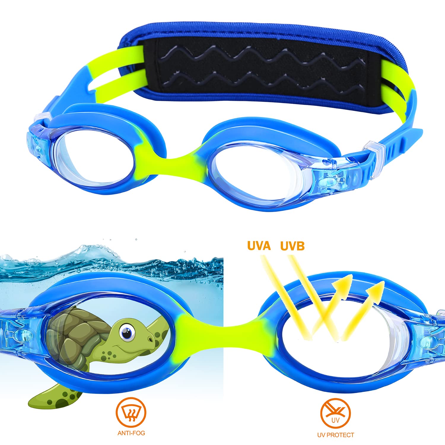 RUIGAO Kids Swim Goggles Age 2-6, Toddler Goggles No Hair Pull,UV Protection/Anti Fog/Padded HeadBand (1PK Kids -Blue Fish)