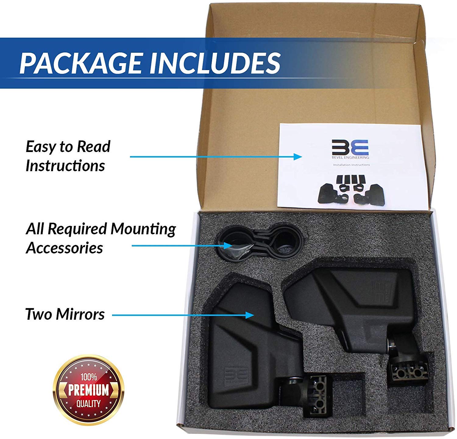 Bevel Engineering Utv Rear View Side Mirror Kit (2 Pack) - Fits With 16 - 2 Round Roll Cage Bar - Break Away And Adjustable - Hi