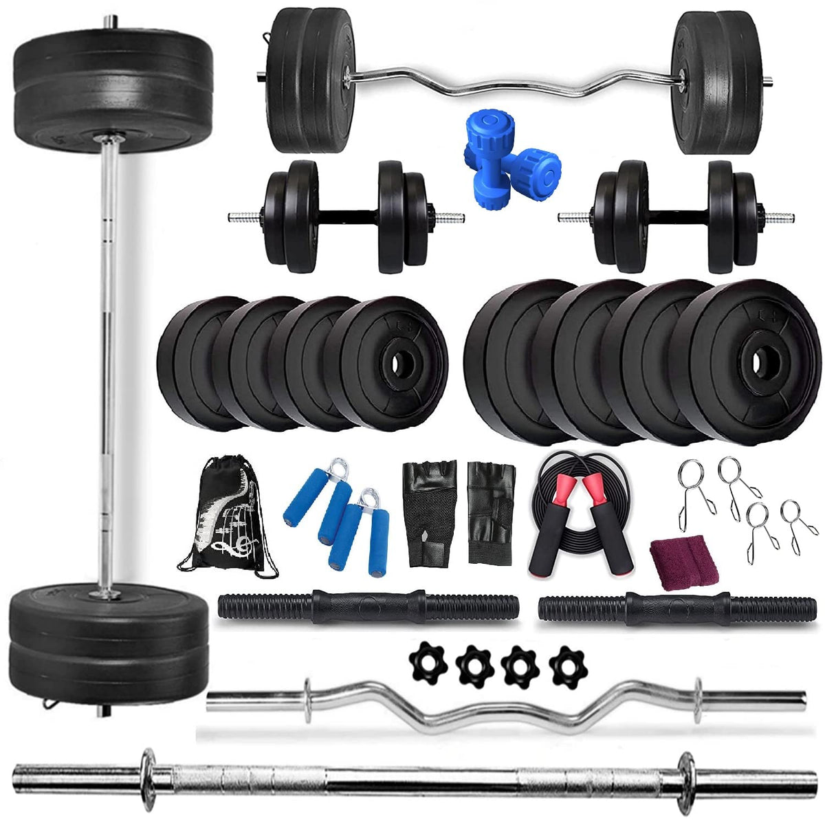 Bodyfit 30Kg Weight Plates,5ft straight n 3ft curl rod, 2 Dumble rods, home gym equipment dumbbell gym set.