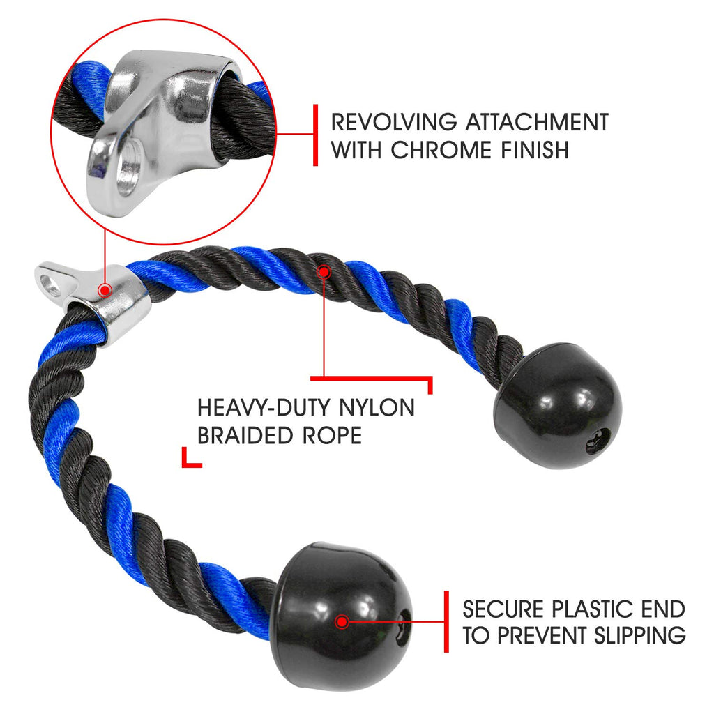 Yes4All Deluxe Blue Black Tricep Rope 36 Inches Black Cable Attachment, Pulley System Gym Pull Down Rope With Carabiner, Exercis